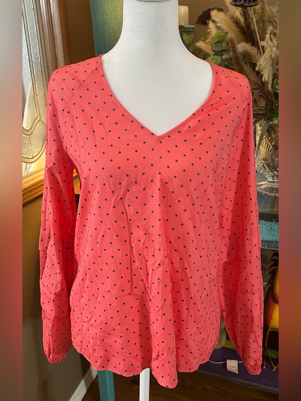 Worthington Coral Polka Dot V-Neck Long Sleeve Top Size XS